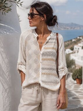 TINY Silk Blend Boho Embroidered Top Large Festival Blouse Western Casual Chic